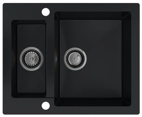 Sink Quality Ferrum, kuchynský granitový drez 605x495x210 mm + čierny sifón, čierna, SKQ-FER.C.5KBO.XB