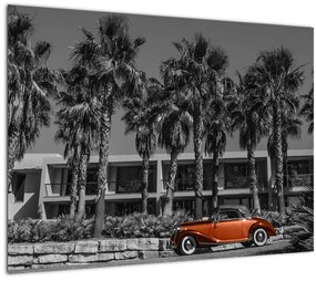 Sklenený obraz - Retro červené auto (70x50 cm)