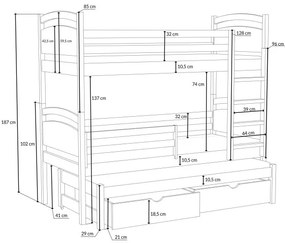 Detská poschodová posteľ z masívu borovice OLÍVIE s prístelkou a šuplíkmi - 200x90 cm - PRÍRODNÁ BOROVICA