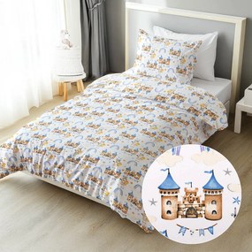 Biante Detské bavlnené posteľné obliečky Sandra SA-666 Modro-hnedé hrady a rytieri na bielom Predĺžené 140x220 a 70x90 cm