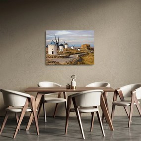 Sklenený obraz - Veterné mlyny Consuegra, Španielsko (70x50 cm)