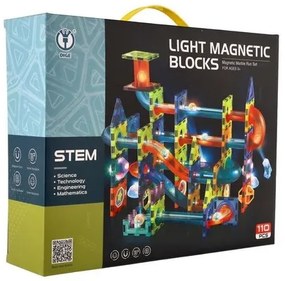 Guľôčková dráha magnetická plast 110  ks, 16 guľôčok + doplnky na batérie v krabici 36x28x9cm