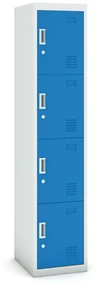 Šatníková skrinka s úložnými boxami, 4 boxy, 1800 x 380 x 450 mm, cylindrický zámok, sivá/modrá