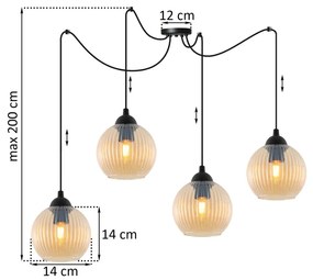 Závesné svietidlo Riffle Round Spider, 4x medové sklenené tienidlo