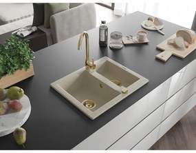Mexen Carlos, granitový drez 582x475x177 mm, 1,5-komorový a zlatá drezová batéria Telma, béžová, 6518-69-670200-50