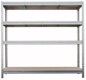 BULLRACK RIVET bezskrutkový kovový regál s drevenou DTD policou, 200x200x60 cm, 4 police, 600 kg na policu, zinok