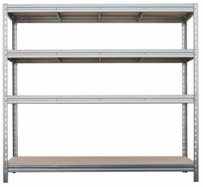 BULLRACK RIVET bezskrutkový kovový regál s drevenou DTD policou, 200x200x60 cm, 4 police, 600 kg na policu, zinok