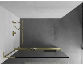 Mexen Kioto+ L, sprchová zástena Walk-In s poličkou a vešiakom 90 x 200 cm, 8mm číre sklo, zlatý matný profil, 800-090-123-55-00