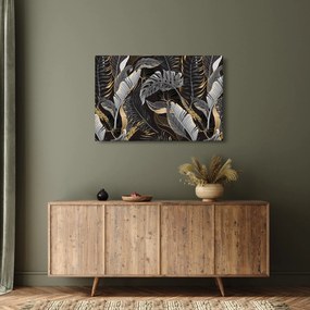 Obraz - Tropické listy v čierno-zlatej (90x60 cm)