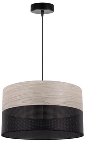 Závesné svietidlo Wood, 1x svetlobéžová dubová dýha/čierne PVC tienidlo, (fi 35cm)