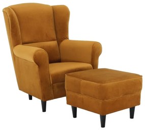 Kondela Kreslo, ušiak s taburetom, horčicová látka, ASTRID