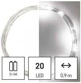 LED vianočná nano reťaz, 1,9 m, 2x AA, vnútorná, studená biela, časovač