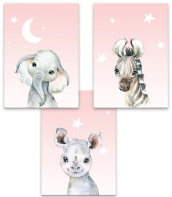 Séria 3 plagátov 30x40 cm - Baby animals ružová