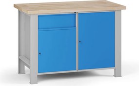 Dielenský pracovný stôl G7, buková škárovka, 1200 x 685 x 840 mm, 2x skrinka, 1 zásuvka, modrá