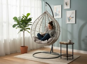 CH ZÁVESNÁ STOLIČKA SVETLOŠEDÁ, VANKÚŠ – ŠEDÝ, RÁM – ŠEDÝ 118X107X68CM