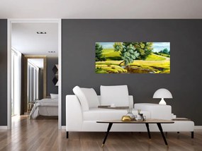 Obraz - Rieka medzi lúkami, olejomaľba (120x50 cm)