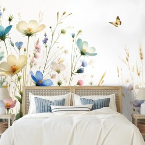 Tapeta pastelové kvety a lietajúce motýle