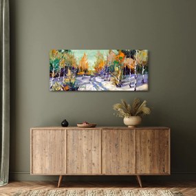 Obraz - Zasnežená cesta lesom, olejomaľba (120x50 cm)