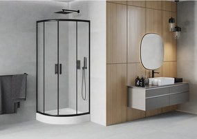 Mexen Rio, štvrťkruhový sprchovací kút s posuvnými dverami 70(dvere) x 70(dvere) x 190 cm, 6mm sklo námraza, čierny profil + biela sprchová vanička RIO, 863-070-070-70-30-4710