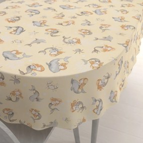 Biante Detský bavlnený oválny obrus Sandra SA-670 Sivo-hnedé morské panny s delfínmi na žltobéžovom 120x140 cm