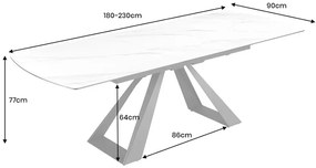 Jedálenský stôl CONCORD 180-230 cm rozkladací mramorový vzhľad biely keramický tvrdené sklo