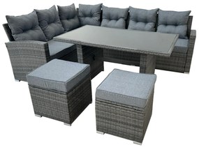 Ratanový set: Rohový gauč + stolík + 2 taburety - sivý so sivými vankúšmi