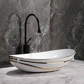 BPS-koupelny Keramické umývadlo na dosku HYD-LI-WH-GL-LN-625 62x36 cm, biela / zlatá lesk