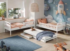 Detská poschodová posteľ z masívu BOHDANA s prístelkou a šuplíky - 200x90 cm - BIELA