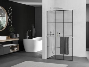 Mexen Kioto+ L, sprchová zástena Walk-In s poličkou a vešiakom 120 x 200 cm, 8mm číre sklo čierny vzor, chrómový profil, 800-120-123-01-77