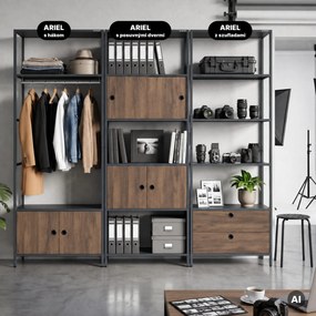 Regál so zásuvkami do kancelárie, na šanóny a dokumenty, otvorené police, kovový, antracitový/orech, 800x2200x400 mm: ARIEL Eco Design
