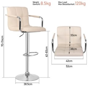 MIADOMODO Barová stolička 2ks, s lakťovými opierkami, béžová