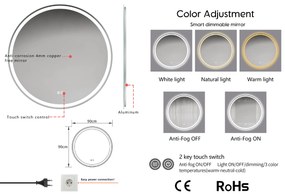 Erga Carla, okrúhle LED zrkadlo 90cm, 2070 lm, 3 farby svetla, ERG-V01-208-9090
