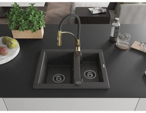 Mexen Carlos, 1,5-komorový granitový drez 582x475x177 mm a drezová batéria Aster, čierna škvrnitá, 6518-76-73450-57-B