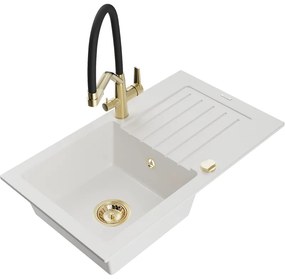 Mexen Pablo, granitový drez 752x436x161 mm, 1-komorový a drezová batéria Duo, biela, 6510-20-671701-57-G