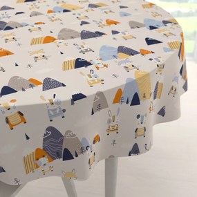 Biante Detský bavlnený okrúhly obrus Sandra SA-613 Modro-oranžové lesné zvieratká na bledo sivom Ø 100 cm