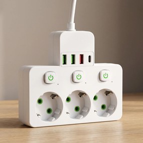 Toolight Toolight, JNH018, zásuvkový rozbočovač 3 zásuvky + 3× USB-A + USB-C s LED svetlom, biela, OSW-56306