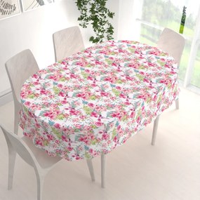 Biante Bavlnený oválny obrus Sandra SA-493 Kolibríky s ružovými kvetmi na bielom 140x220 cm