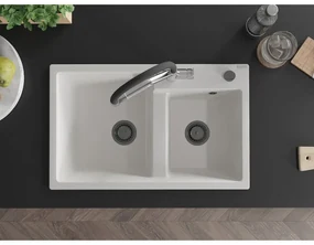Mexen Tomas, 2-komorový granitový drez 800x500x190 mm  a kuchynská batéria Duo, biela, 6516-20-671701-07-B