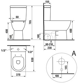 Aqualine Sapho, JALTA RIMLESS WC kombi misa s nádržkou vrátane splachovacej súpravy, spodný/zadný, PB103RW