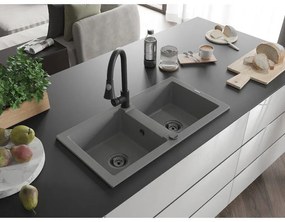 Mexen Mario, 2-komorový granitový drez 820x436x161 mm a drezová batéria Elia, šedá, 6504-71-670101-70-B