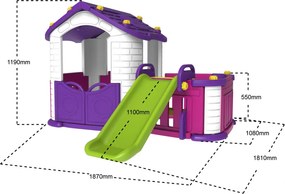 Ramiz Detský záhradný domček 3 v 1 Fialový + šmykľavka + záhrada s plotom