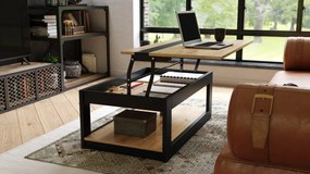 LUSSO Dub Artisan/Čierna matná -  MODERNÝ STOLÍK SO ZDVÍHAVOU STOLOVOU DOSKOU + ÚLOŽNÝ PRIESTOR + POLICA (NA KOLESÁCH!)