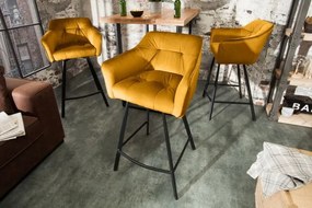 Nemecko -  Retro barová stolička LOFT 100 cm zamatová horčicovo žltá s lakťovou opierkou