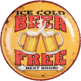 Žltá nástenná kovová okrúhla ceduľa na stenu Beer Free - Ø 35*2 cm