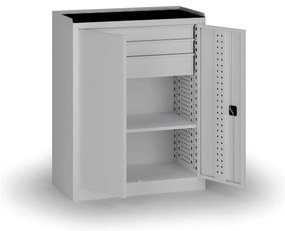 Policová dielenská skriňa 2-dverová, 1 police + 3 zásuvky, 1180 × 950 × 500 mm, sivé dvere