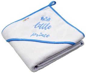 Baby Nellys Detská termoosuška Little prince s kapucňou, 80 x 80 cm - biela, modrý lem 80 x 80
