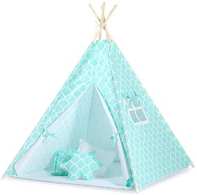 Bobono Detský stan Teepee + hracia podložka + vankúše + dekoratívne perie - Marocco mint