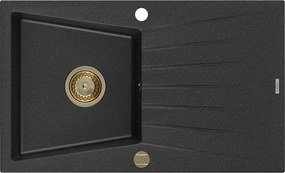 Mexen Cesar, granitový drez 775x470x190 mm, 1-komorový, čierna-strieborná metalíza so zlatým sifónom, 6514771010-73-G