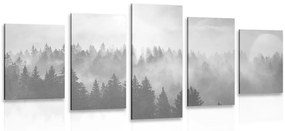 5-dielny obraz hmla nad lesom v čiernobielom prevedení