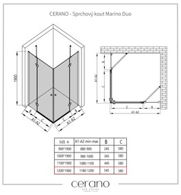 Cerano Marino Duo, sprchovací kút 120(dvere) x 120(dvere), 6mm číre sklo, čierny profil, CER-CER-423045